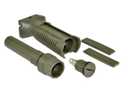 Presma Tactical Foregrip With Storage Compartment, Green [GP04-G], disassembled view showing the main foregrip, storage compartment, and mounting accessories.