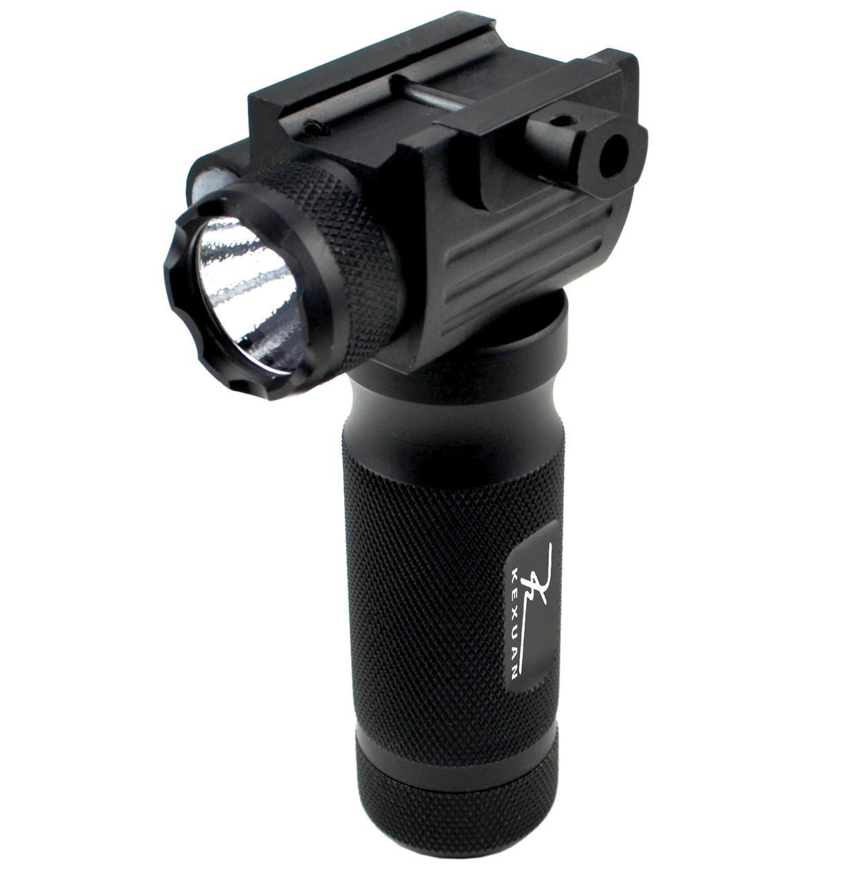 Presma Tactical LED Aluminum Front Grip Flashlight and Red Laser Sight Combo [GPRL01], black tactical flashlight with LED light and red laser sight mounted on an adjustable grip handle.