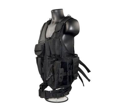Presma Tactical Multi Function Hunting Vest, Black, displayed on a black mannequin torso with multiple pockets, adjustable straps, and tactical design.