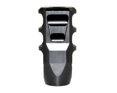 Presma Tanker Style 1/2x28 Muzzle Brake, Black Steel (MZ-18-01-B), close-up of the firearm muzzle brake with a sleek black finish and tactical design for recoil reduction and firearm performance enhancement.