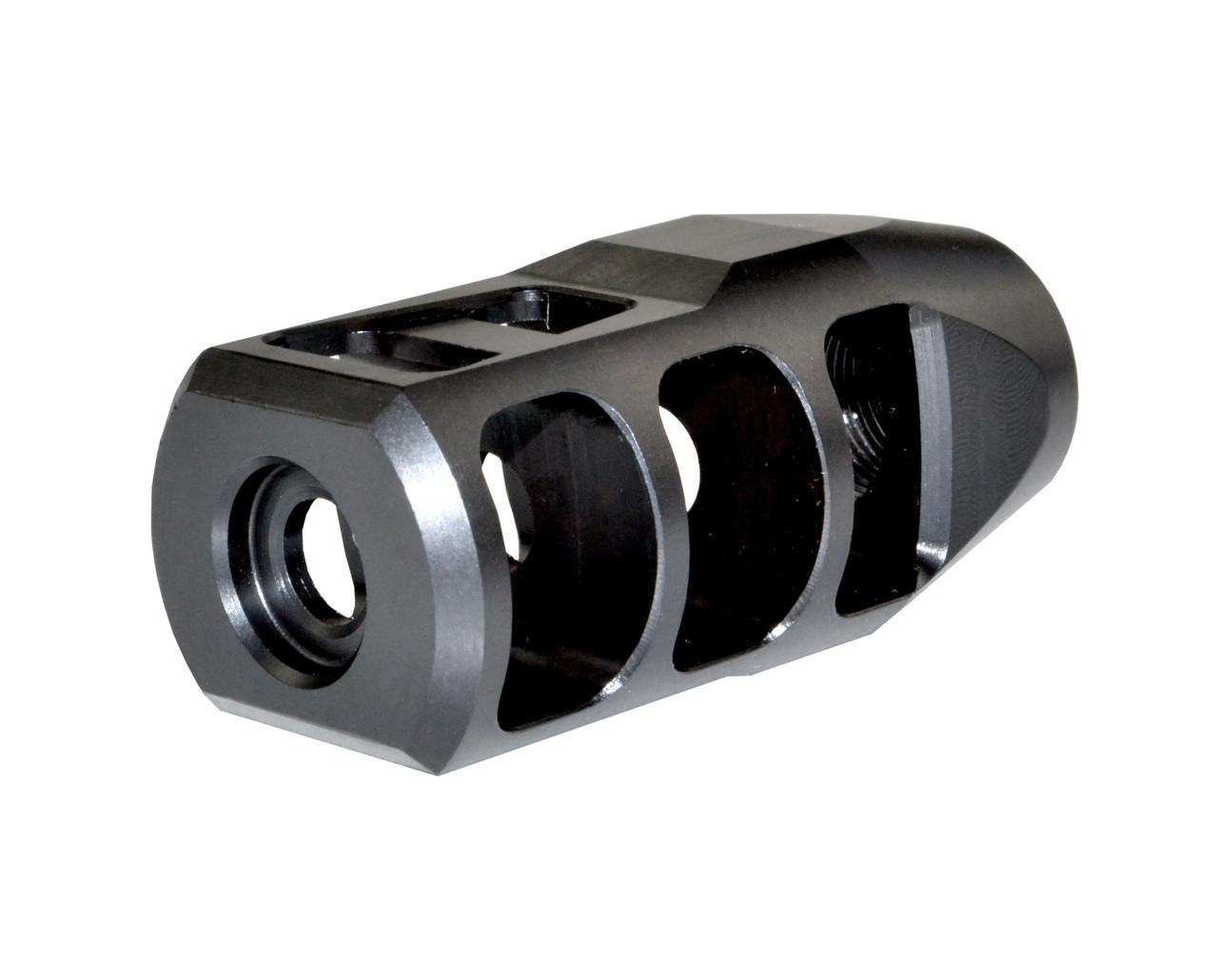 Presma Tanker Style 1/2x28 Muzzle Brake, Black Steel (MZ-18-01-B), black steel muzzle brake with a sleek, aerodynamic design and multiple openings for recoil reduction.