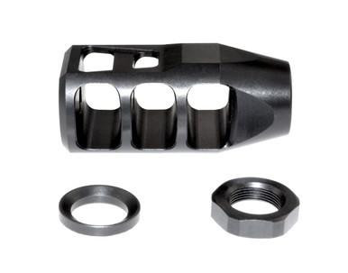 Presma Tanker Style 5/8x24 Muzzle Brake, Black Steel (MZ-18-02-B), black steel muzzle brake with a cylindrical shape and mounting hardware included.