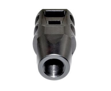 Presma Tanker Style 5/8x32 Muzzle Brake for .458 Bushmaster, Black Steel, front view of the muzzle brake showing threaded interior for attachment.