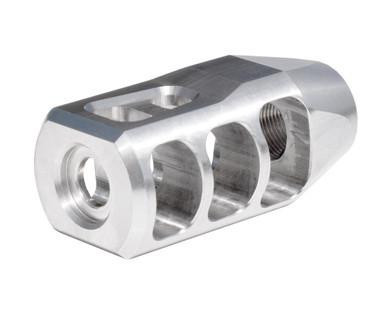 Presma Tanker Style 5/8x32 Muzzle Brake for 9mm or .358, Stainless Steel [MZ-18-04-SS], metallic muzzle brake with multiple vents and threaded attachment for firearm customization.