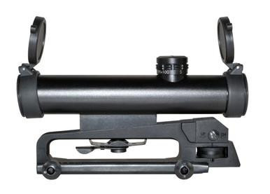 Sniper Grunt LT4X20L 4X20 Compact Red/Green Illuminated Reticle Scope, Duplex with Carry Handle & Picatinny Mounts, black scope mounted on a rifle rail with carry handle and adjustable mounts.