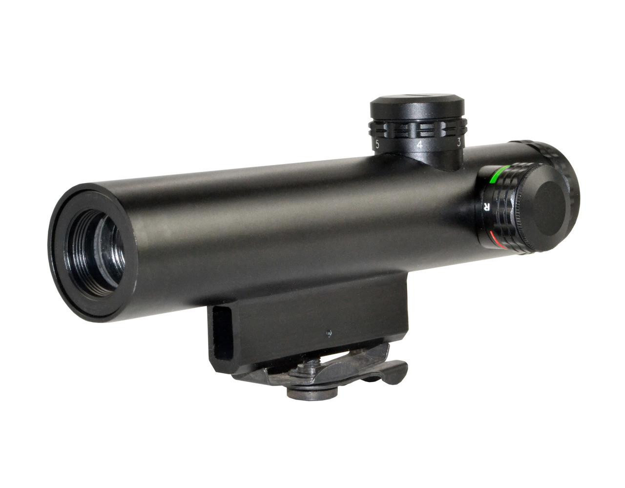 Sniper Grunt LT4X20L 4X20 Compact Red/Green Illuminated Reticle Scope, Duplex with Carry Handle & Picatinny Mounts, black tactical rifle scope with adjustment knobs and mounting base.