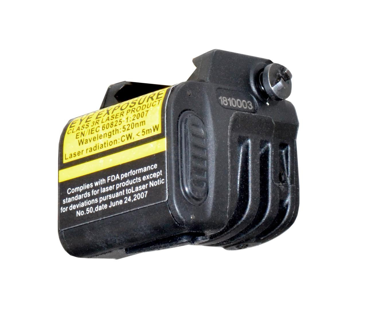 Sniper Grunt LSG01 Compact Green Laser Sight for Picatinny Rails, with Ambidextrous On/Off Switch, close-up view of the tactical laser device with yellow warning label and textured grip area.