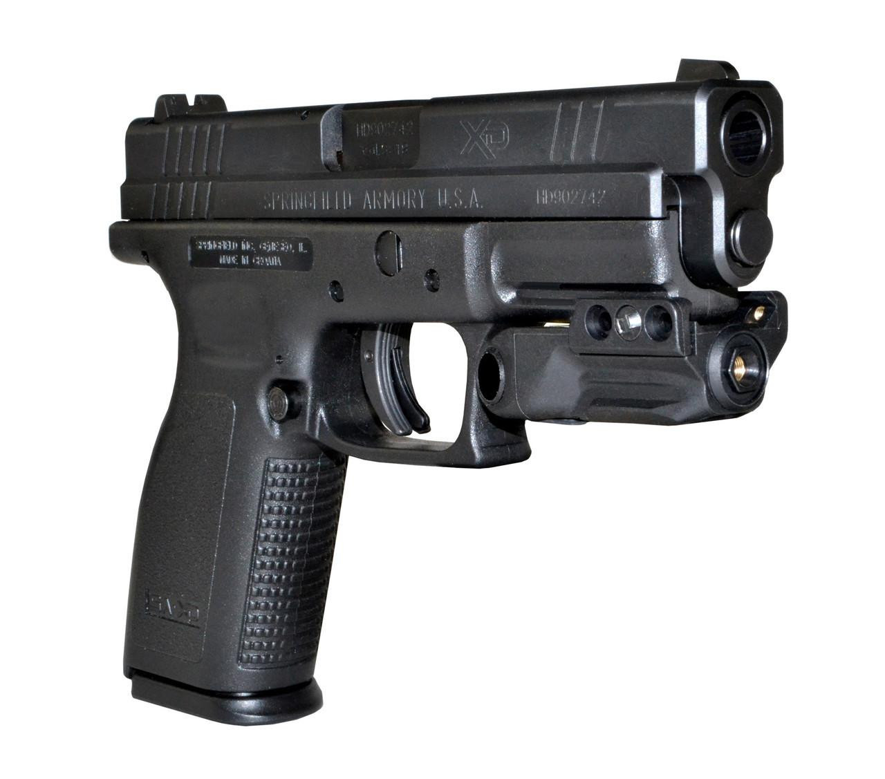 Sniper Grunt LSG02 Compact Green Laser Sight for Picatinny Rails, with Smart Sensor Momentary Switch, mounted on a tactical handgun.