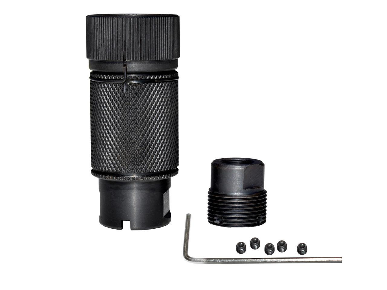 Presma MZ-12-01-B 3 Phrase Krinkov Style Steel Muzzle Brake - 1/2x28, black metal muzzle brake with knurled grip, threaded insert, mounting screws, and Allen wrench for firearms enhancement.