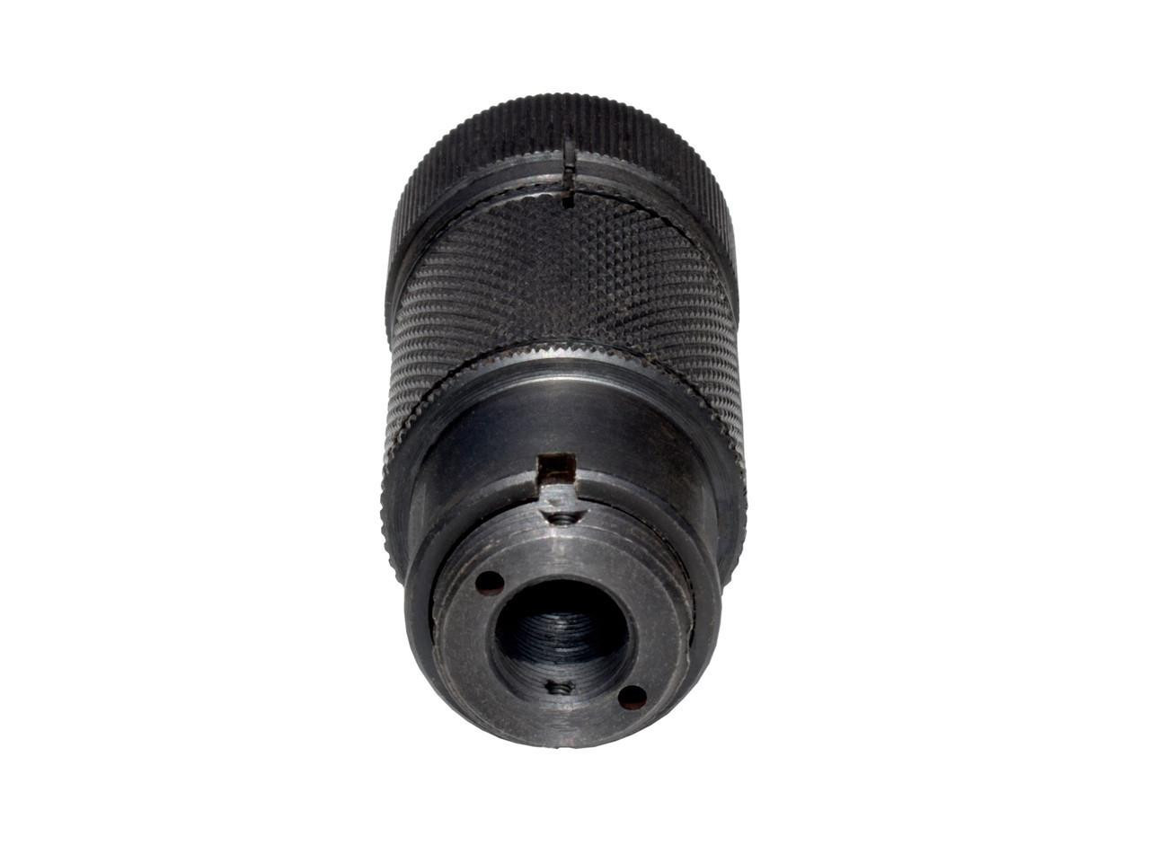 Presma MZ-12-02-B 3 Phrase Krinkov Style Steel Muzzle Brake - 5/8x24, black metallic muzzle brake with knurled surface for enhanced grip and precise adjustment.
