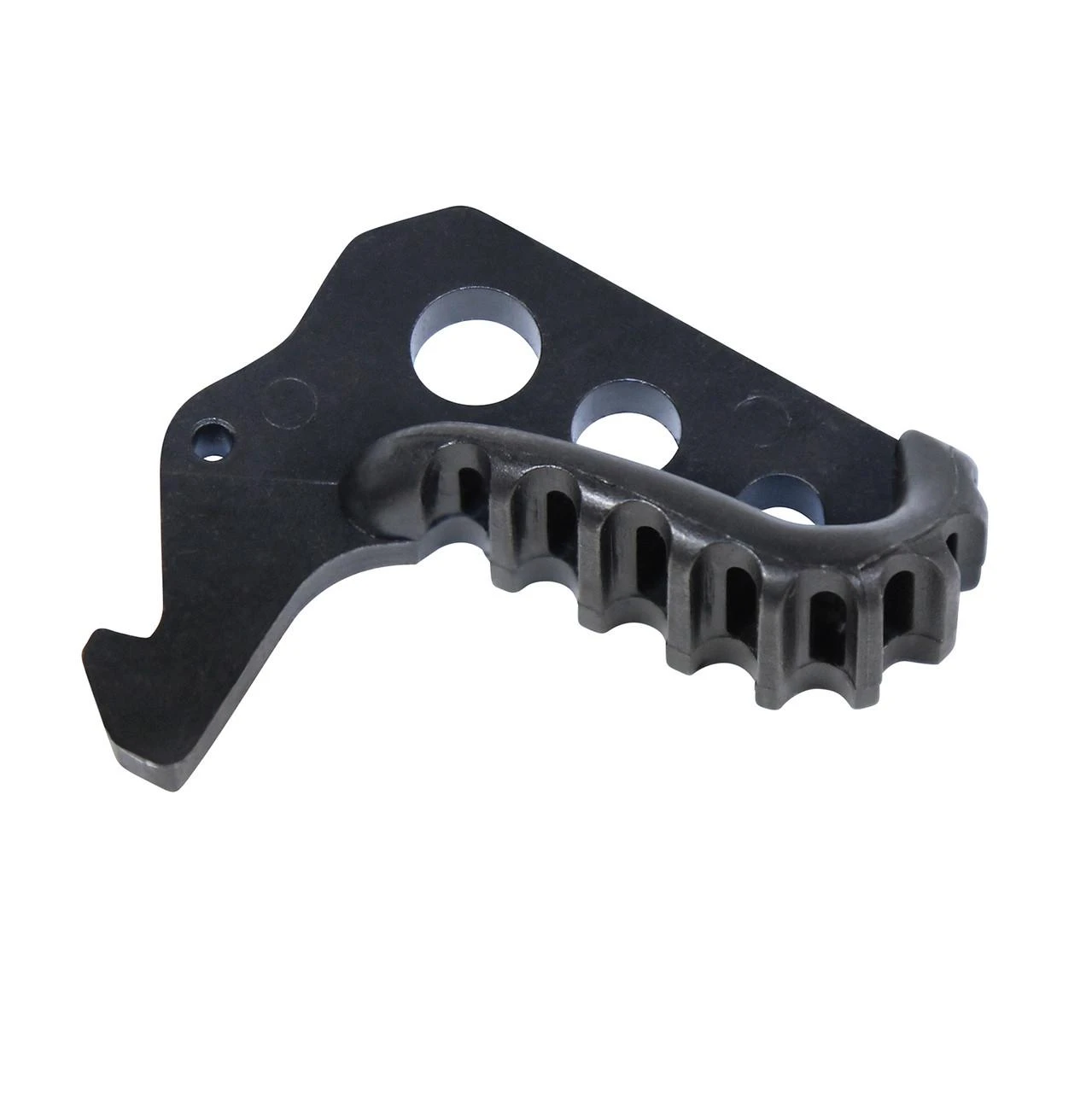 Guntec USA AR-15 Charging Handle Latches, Durable Steel, Mil Spec Compatible, Effortless Installation for Enhanced Weapon Performance, close-up of black firearm part with textured grip and mounting holes.