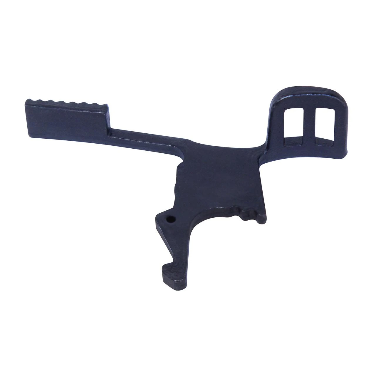 Guntec USA AR-15 Charging Handle Latches - Durable Steel, Mil Spec Compatible, Effortless Installation for Enhanced Weapon Performance, close-up of black steel charging handle latch against white background.