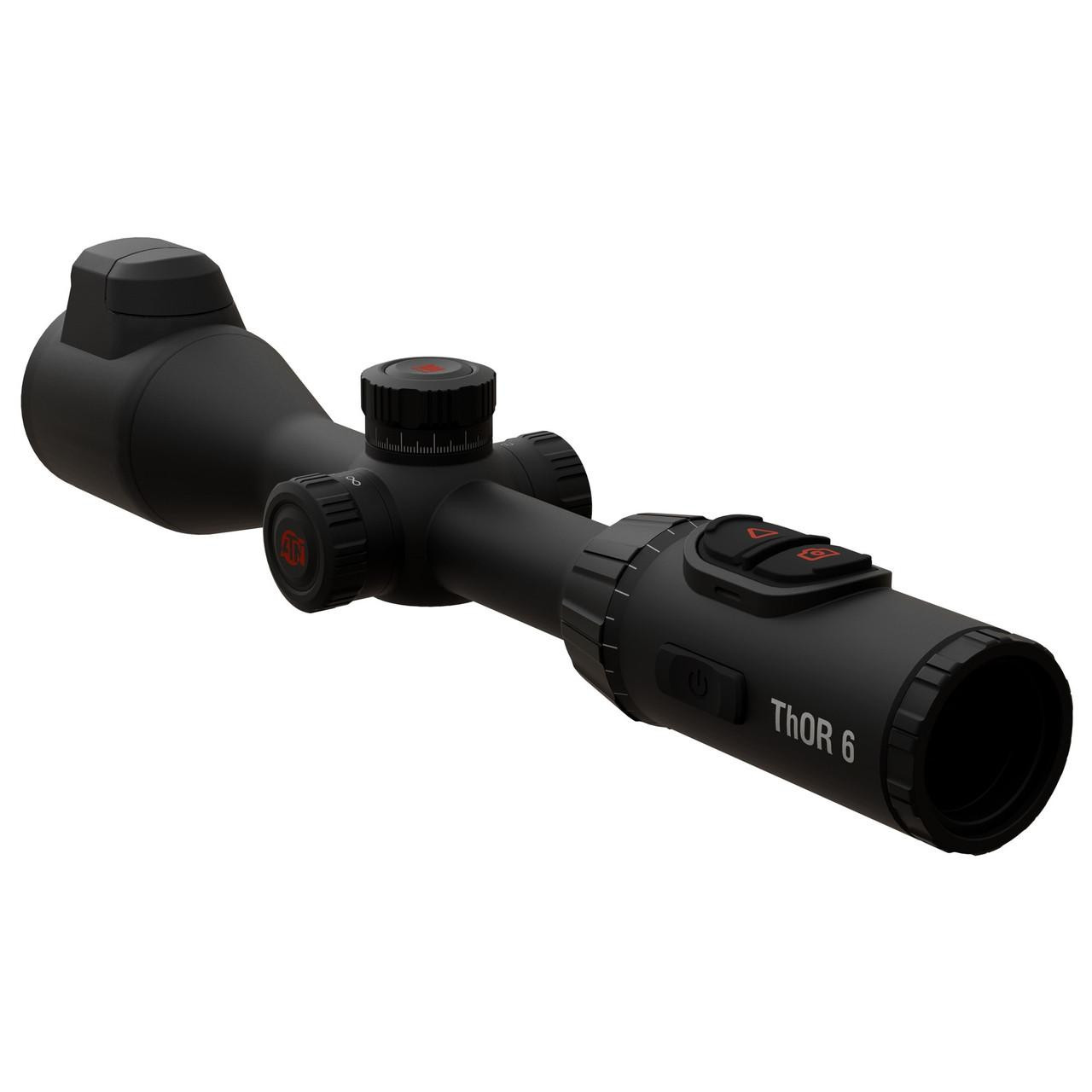 ATN TIWST6650LRF Thermal Scope with Laser Rangefinder & Ballistic Calculator, black tactical optic with adjustment knobs and electronic controls.