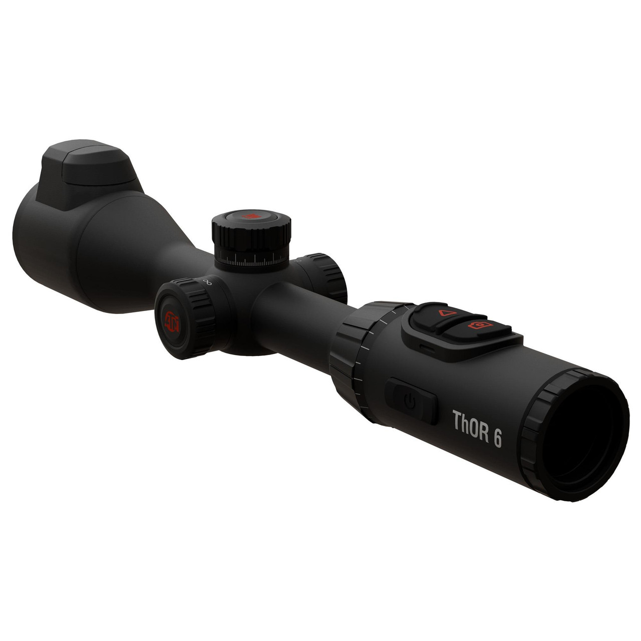 ATN Corp TIWST6650LRF, tactical rifle scope in black with adjustable dials and reticle, matte finish, and labeled 'THOR 6' for precision aiming.
