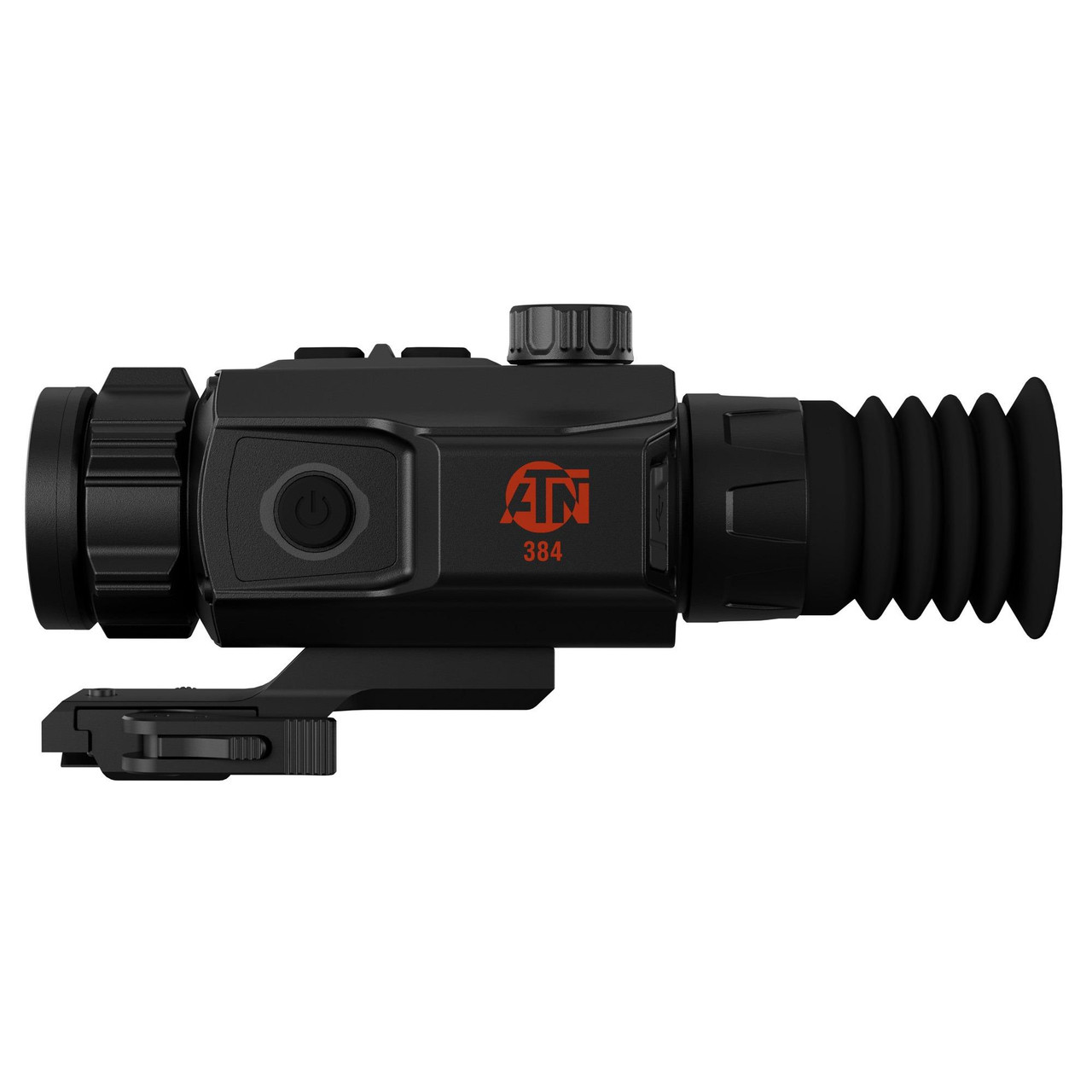 ATN Corp TIWST6M325 Thermal Imaging Scope with SharpIR AI Technology, OGLED Display, and Durable Design - Side view showing the device's control buttons, rubber eye cup, and mounting system.