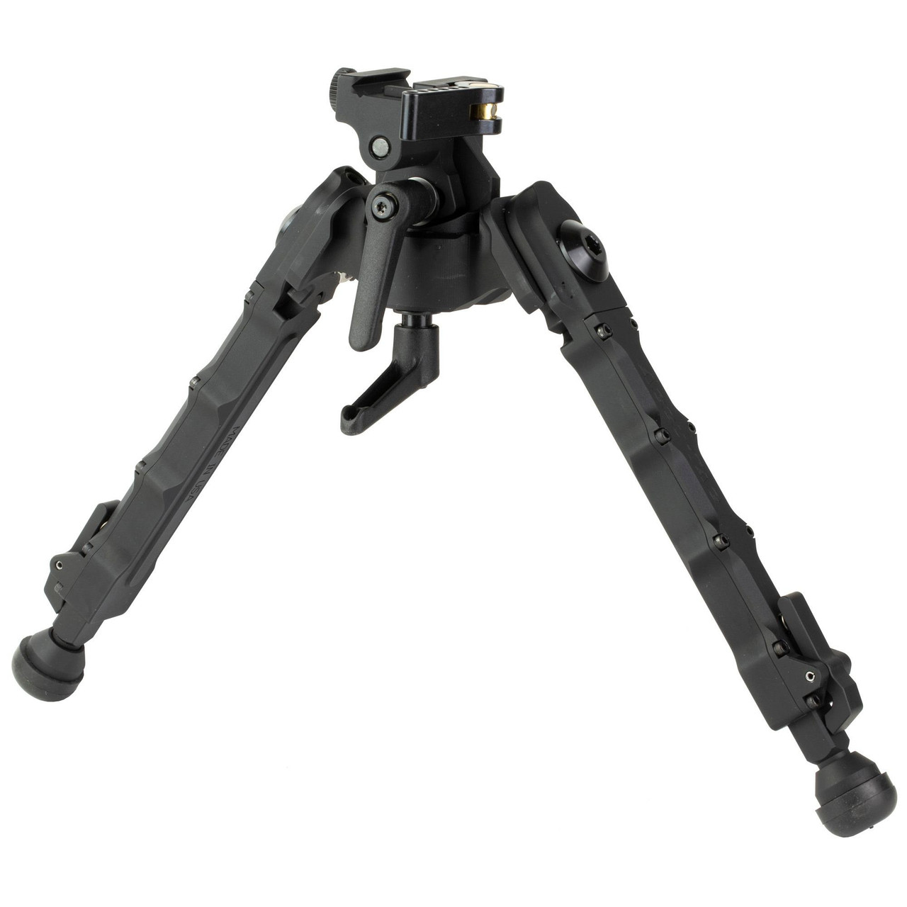 Accu-Tac PCB-0500 Precision Bipod, versatile shooting support with quick detach Picatinny mount made of 6061 T6 aircraft aluminum, showing a black, foldable tripod with adjustable legs and mounting features.