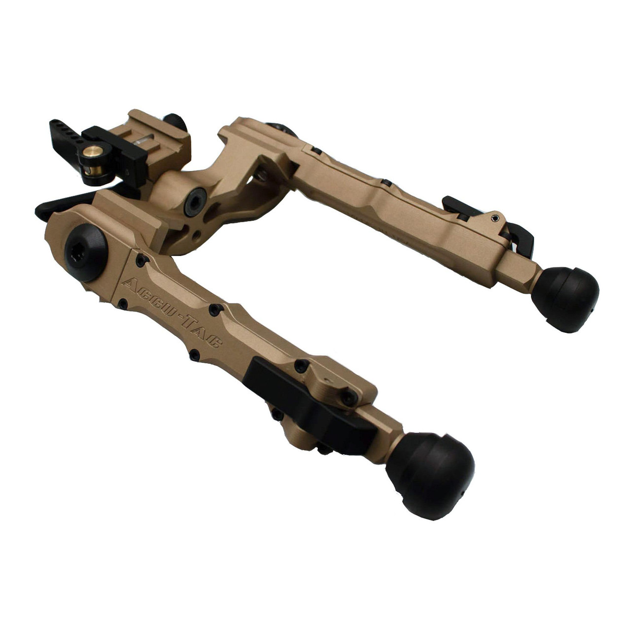 Accu-Tac TWBB-0400 Wide Body Bipod, a tan-colored tactical bipod with adjustable height and cant options, quick detach Picatinny mount, designed for long-range shooting, bench-rest, and airsoft applications.
