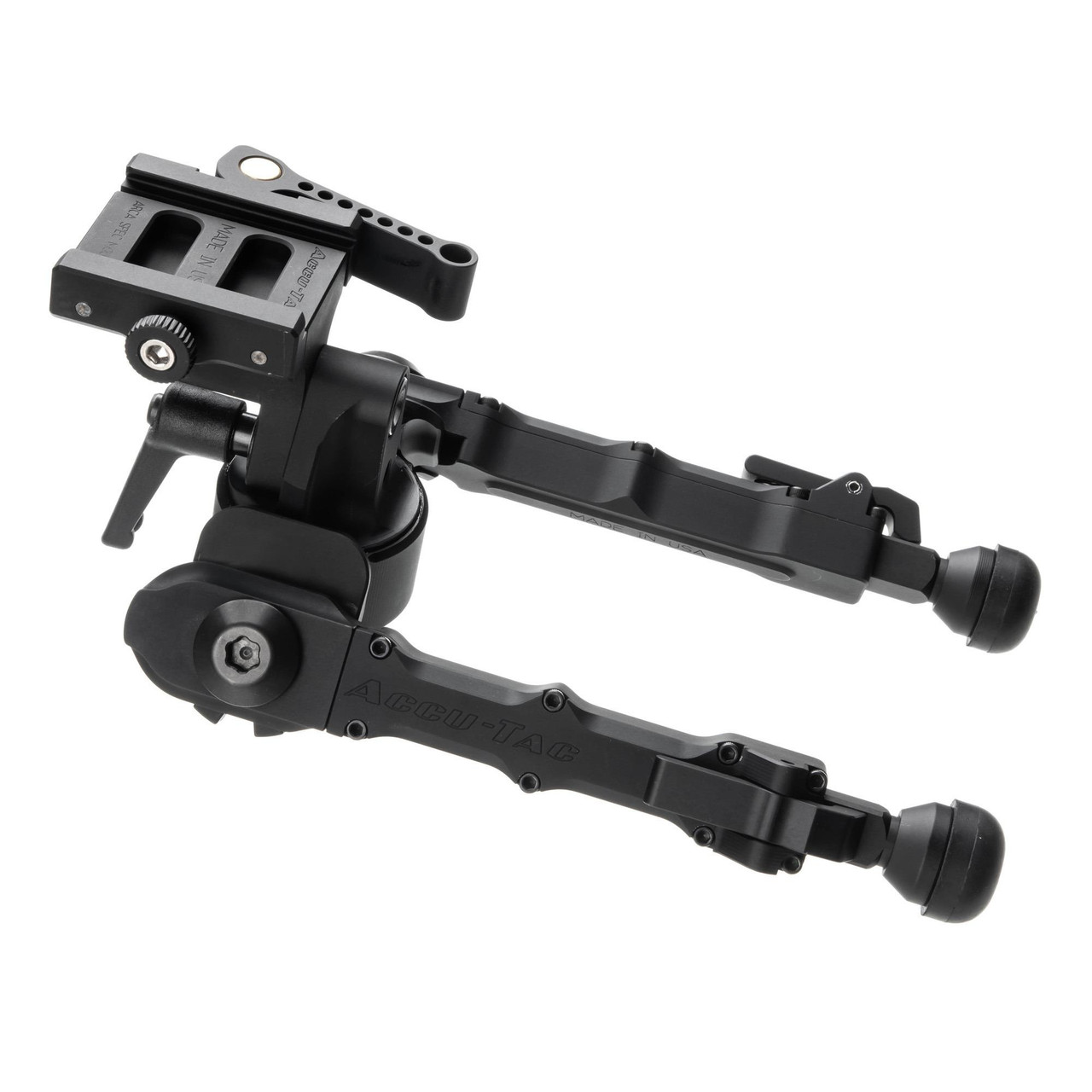 Accu-Tac PCASQD-0400 Arca Spec QD Bipod - Tactical Billet Aluminum Shooting Support with Adjustable Height & Leg Positions, showing the bipod's adjustable legs and mounting base designed for precision shooting support.