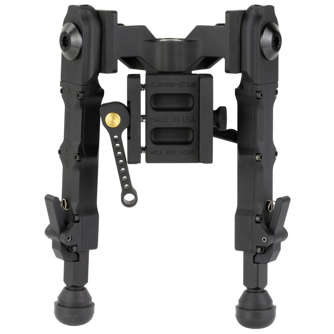 Accu-Tac WBAQD-0400 WB-4 Arca Spec Quick Detach Bipod, lightweight adjustable height for long-range shooting with sturdy construction and versatile mounting options.