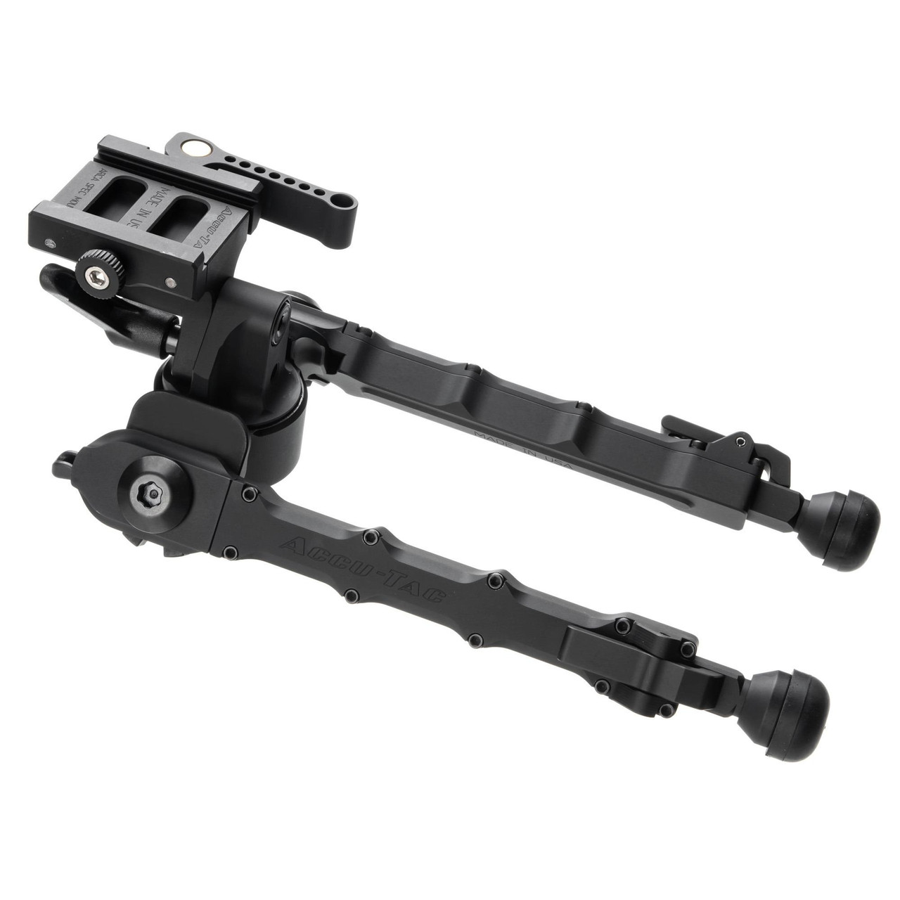 Accu-Tac PC-5 Arca Spec QD Bipod, versatile tactical shooting accessory with adjustable height, quick detach mount, and individual leg positions shown in a close-up image.