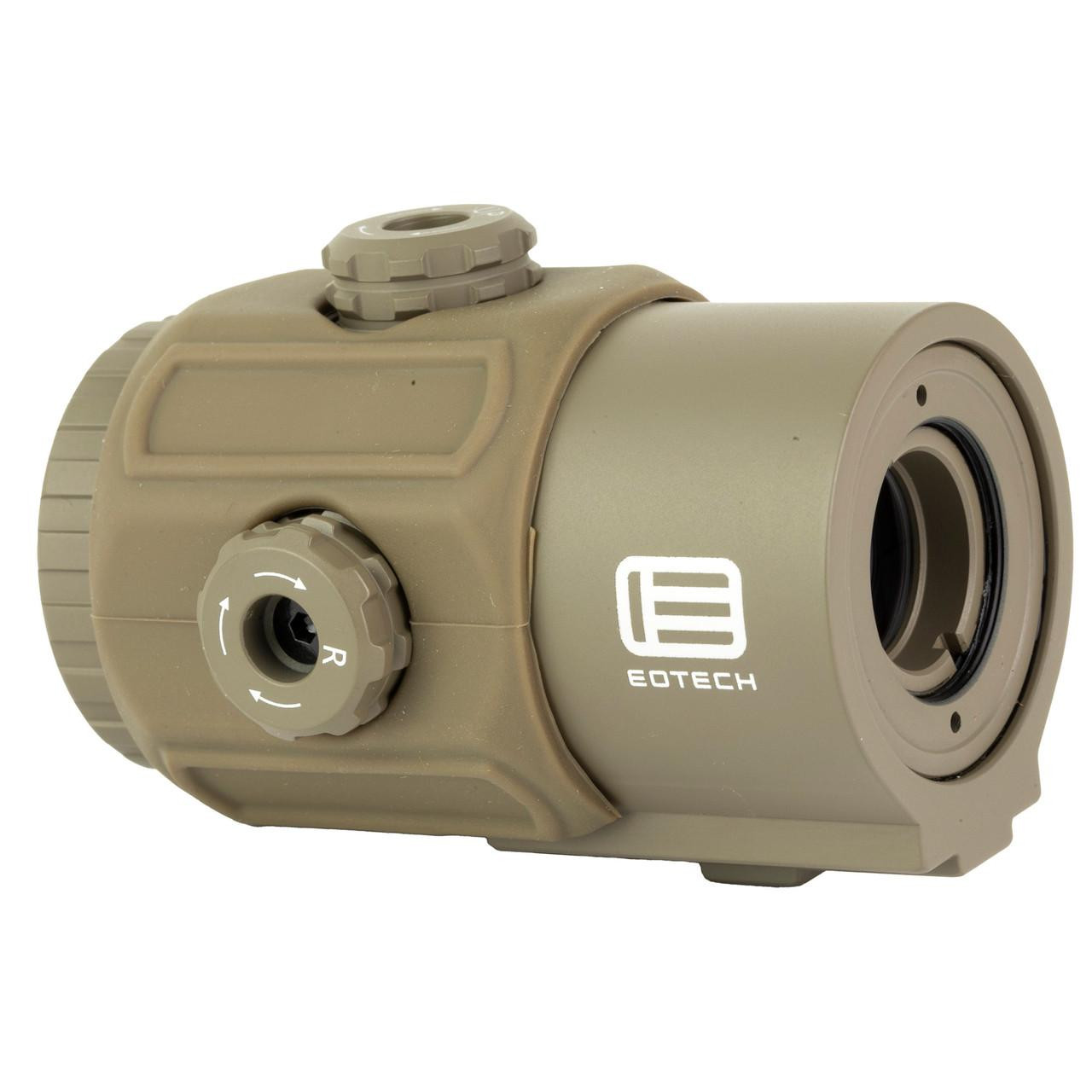 EOTECH G43.STSTAN 3X Magnifier - Compact Switch-to-Side Mount for HWS with QD Mount, tactical firearm accessory, beige color with adjustment knobs.