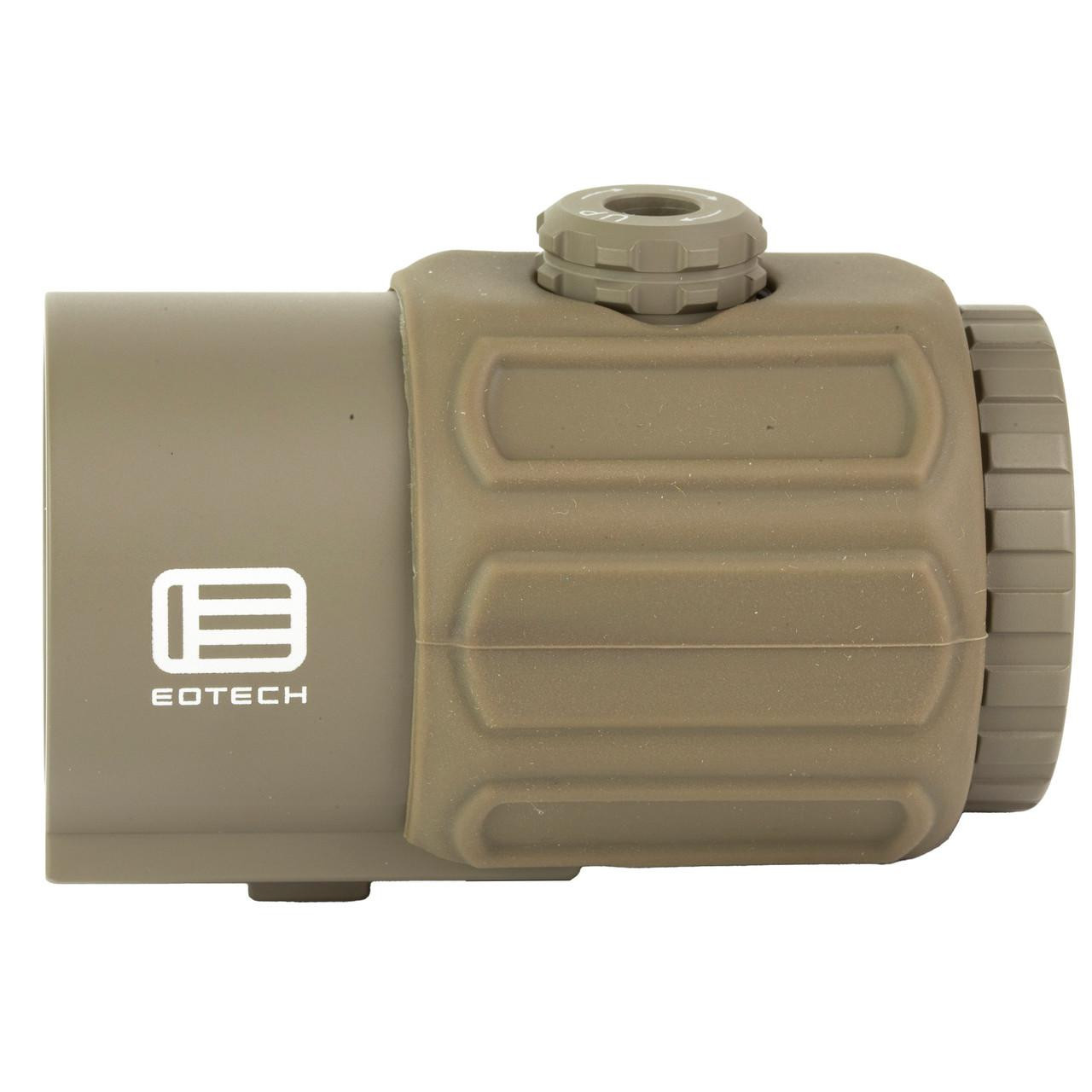 EOTECH G43.STSTAN 3X Magnifier with Compact Switch-to-Side Mount for HWS with QD Mount, tactical firearm accessory, beige color.