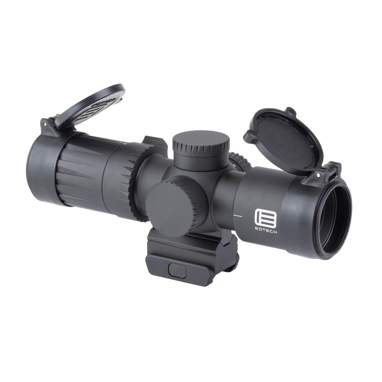 EOTECH VDU3-9SFMD6 Vudu 3-9x32 Scope, lightweight durable optic with MD-6 MRAD reticle and mini-ACOG compatibility, shown with lens covers open.