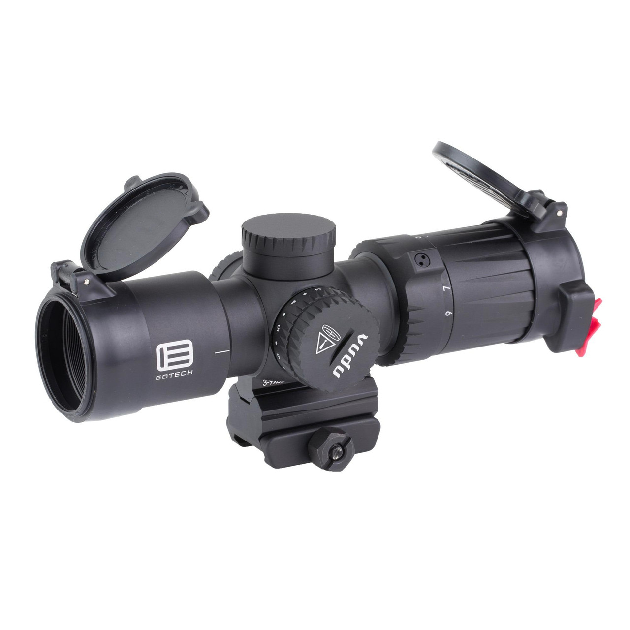 EOTECH VDU3-9SFMD6 Vudu 3-9x32 Scope, lightweight and durable optic with MD-6 MRAD reticle and mini-ACOG compatibility, mounted on a black rifle scope with flip-up lens covers and adjustable turrets.