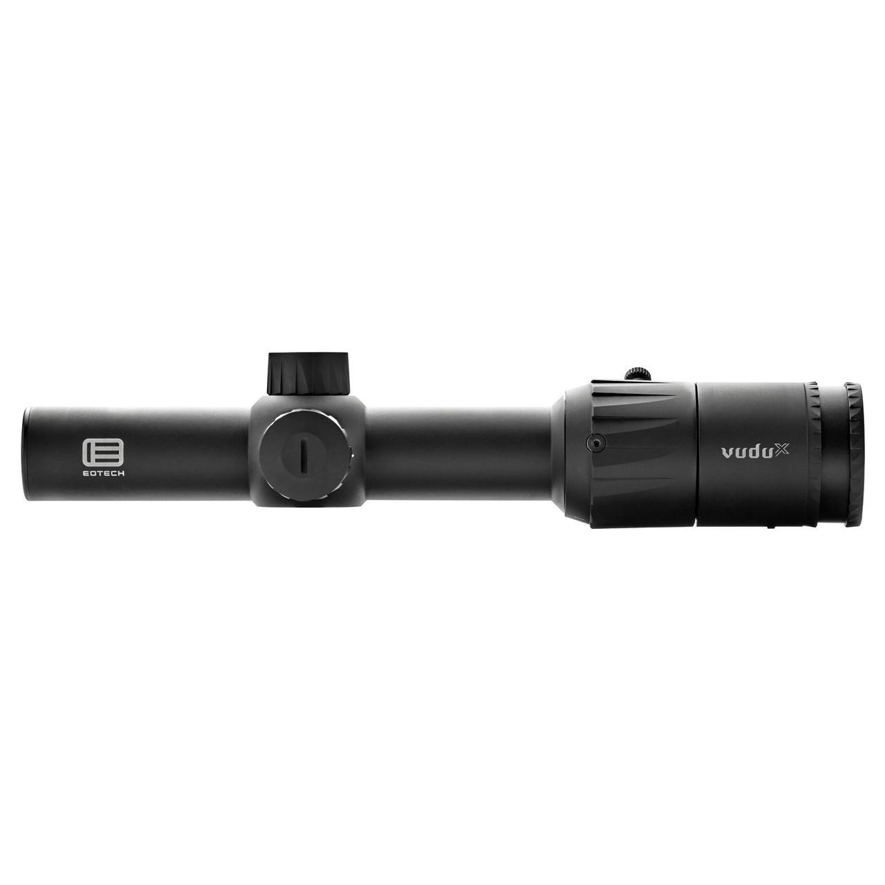 EOTECH VDX1-6SFBD1 Vudu X Series 1-6X Rifle Scope with Illuminated Reticle, precision turrets, and removable throw lever, shown in black with a sleek design and adjustable features.