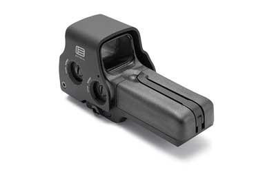 EOTECH 518.A65 Holographic Sight, compact sight with side button control, water resistant build, designed for MIL-STD-1913 rails, powered by AA batteries, suitable for tactical use.