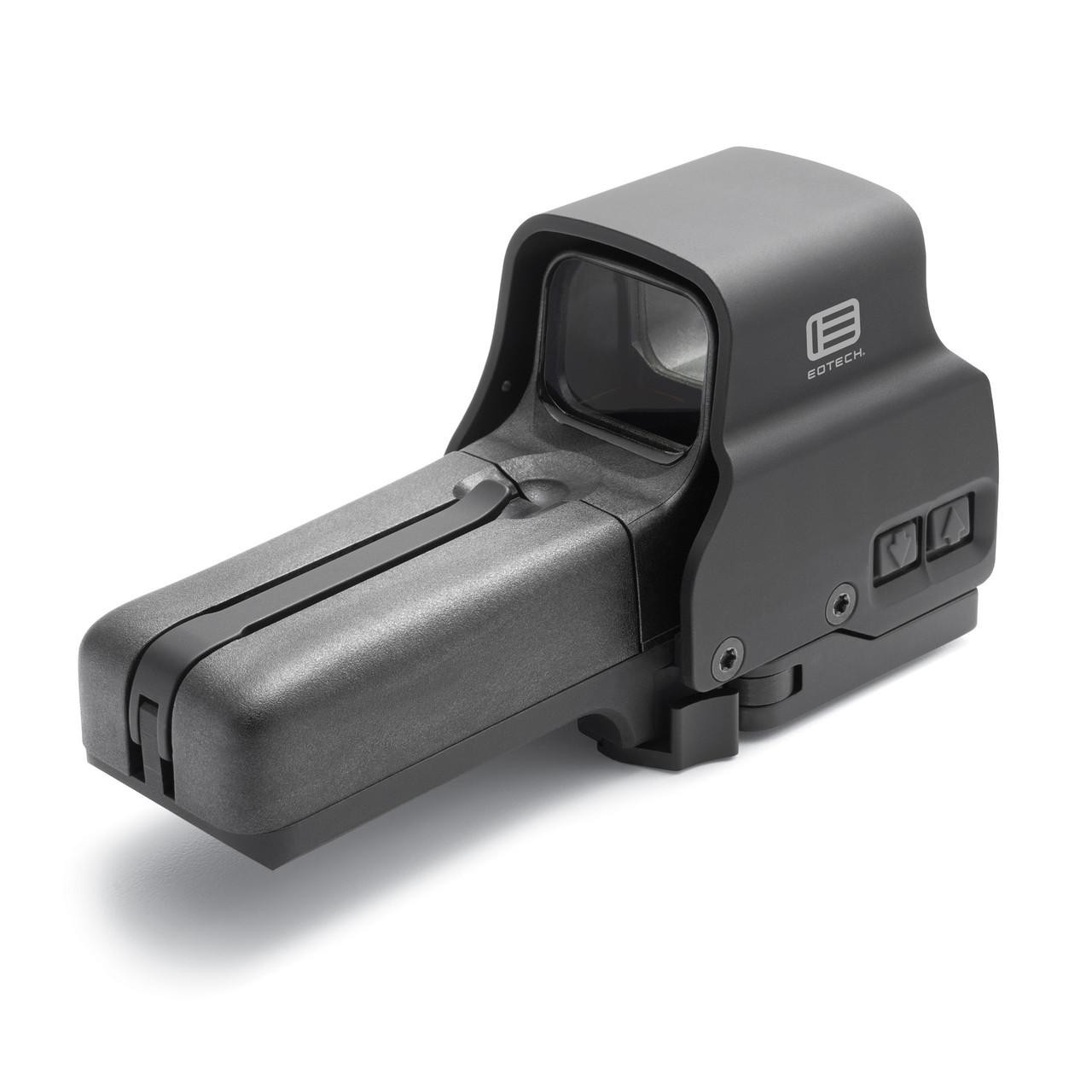 EOTECH 518.A65 Holographic Sight, AA Battery Powered, Side Button Functionality, Water Resistant, Compatible with MIL-STD-1913 Rail, black tactical aiming device with adjustable markings and a clear viewing window.