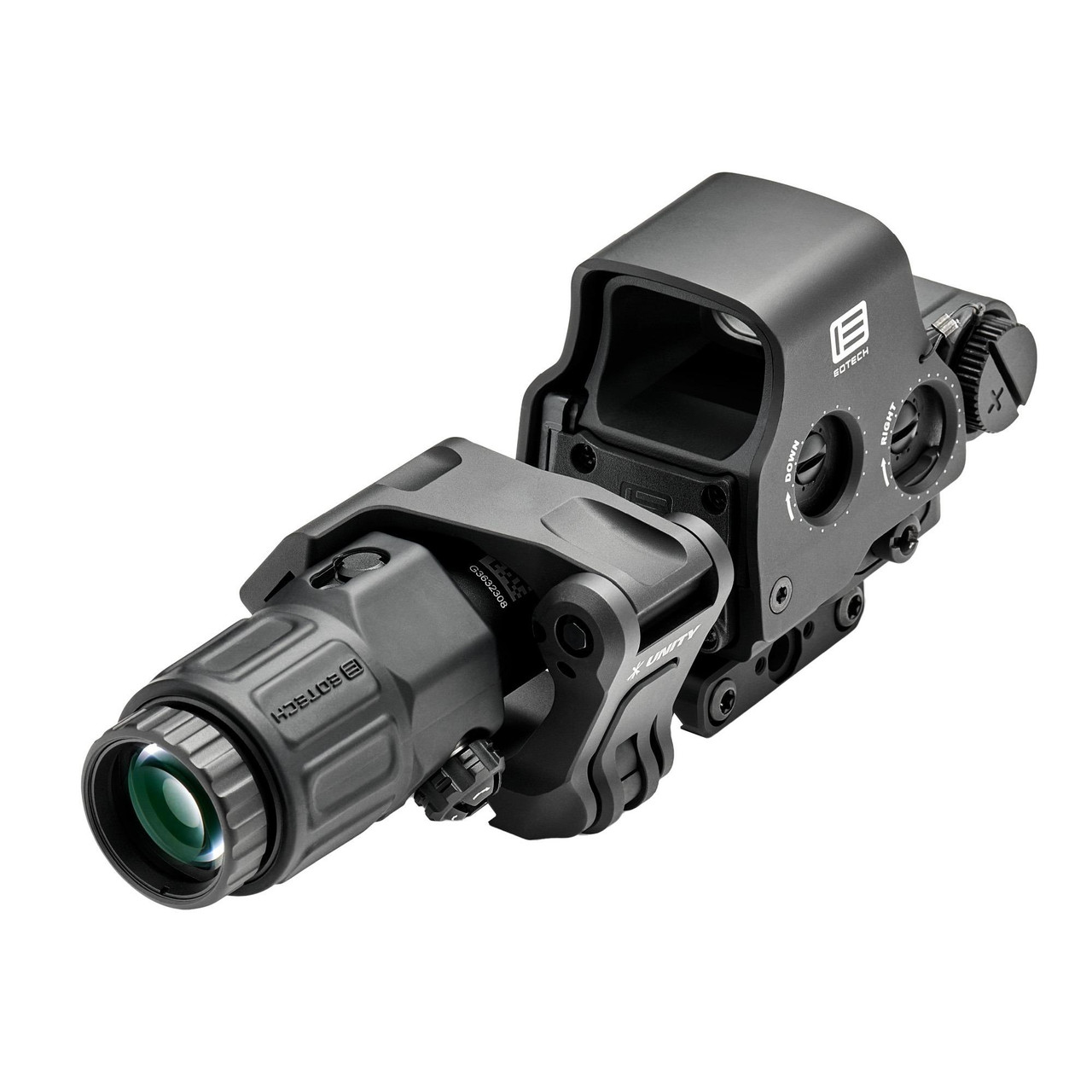 EOTECH HHS1 FTCU-BLK, tactical holographic sight and G33 magnifier combo with Unity FAST Mount, black color and advanced aiming optics.