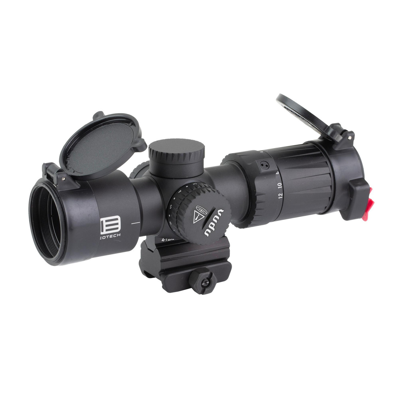 EOTECH VDU4-12FFMR5 Compact First Focal Plane 4-12x36 Riflescope, fog, water, and shock resistant with MR5 reticle, image of a black riflescope with adjustable turrets and flip-up lens covers.