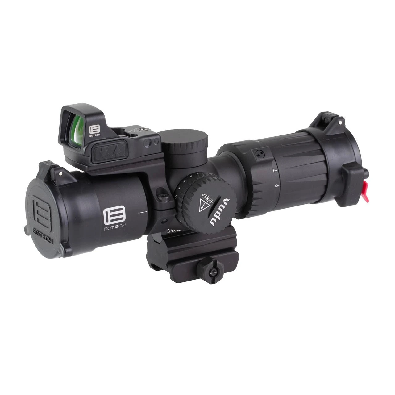 EOTECH VDU3-9PKG2 Vudu 3-9x32 Tactical Scope - Lightweight, Durable, Fog & Shock Resistant with MD-6 MOA Reticle, close-up of the tactical scope showing its black construction, adjustable turrets, and illuminated sight.