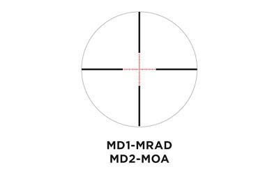 EOTECH VDU5-25FFMD3 Vudu 5-25x50mm First Focal Plane Rifle Scope, reticle view showing MD1-MRAD and MD2-MOA markings with crosshair design.