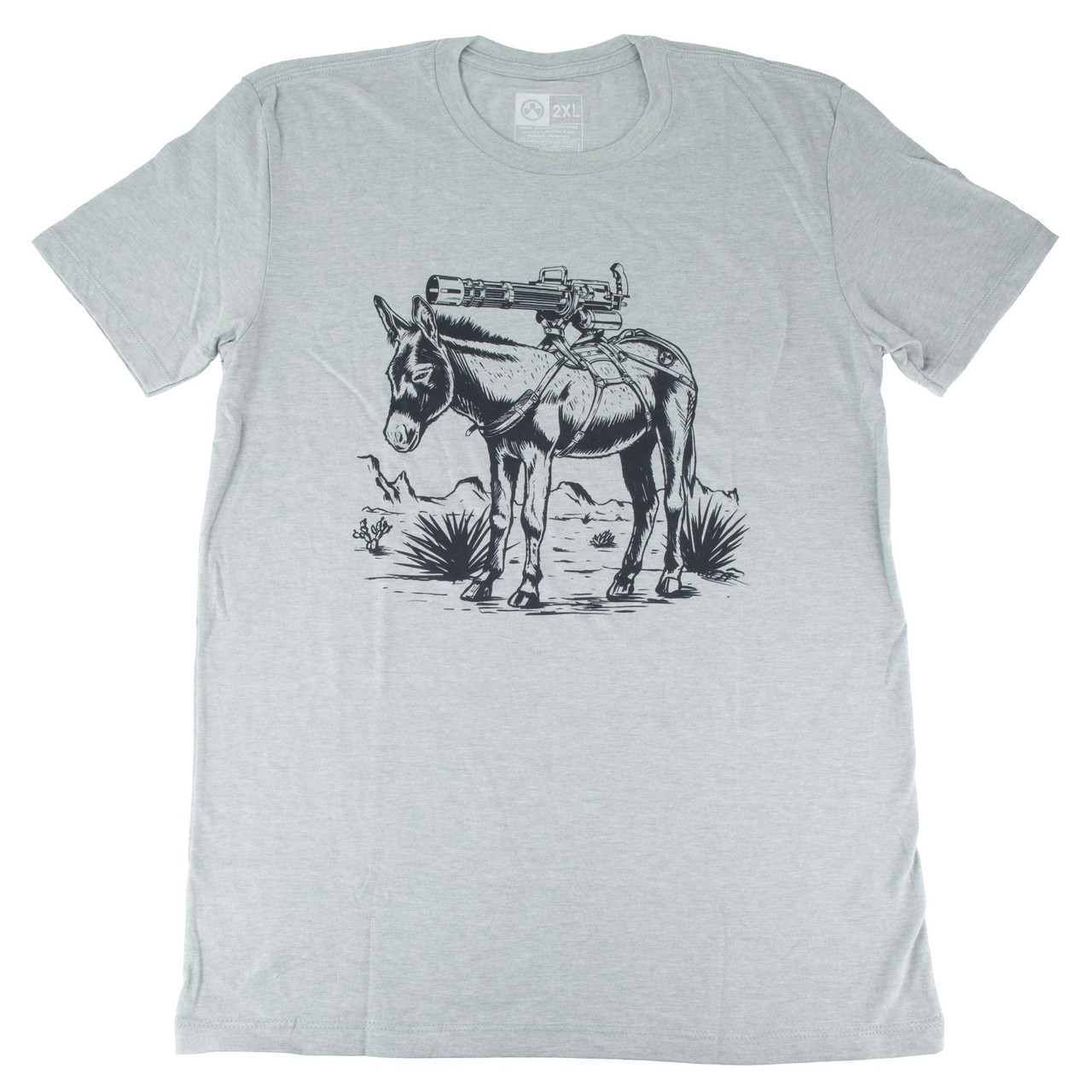 Magpul Industries MAG1528-041-2XL T-Shirt, Durable Cotton-Poly Blend Crew Neck with Set-in Sleeves, Gray T-shirt featuring a graphic of a donkey carrying a military rocket launcher on its back.