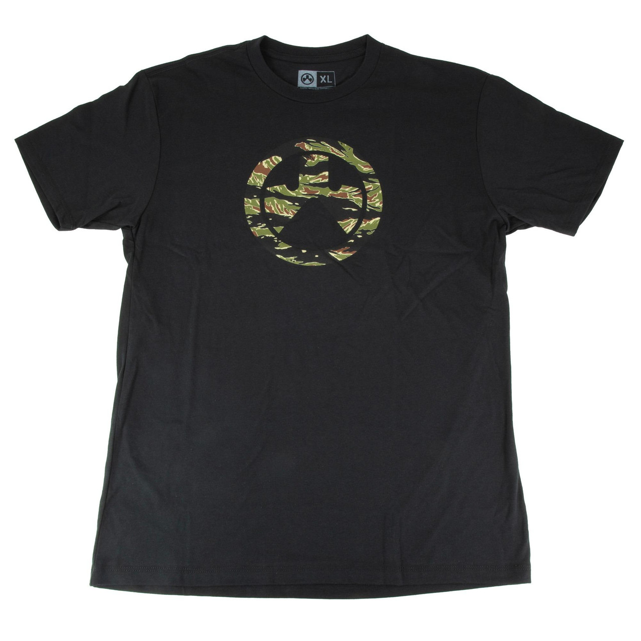 Magpul Industries MAG1292-001-XL Titan Tiger Stripe T-Shirt, black cotton-poly blend T-shirt with a Titan Tiger Stripe camouflage logo on the front, made in USA, designed for comfort and durability.