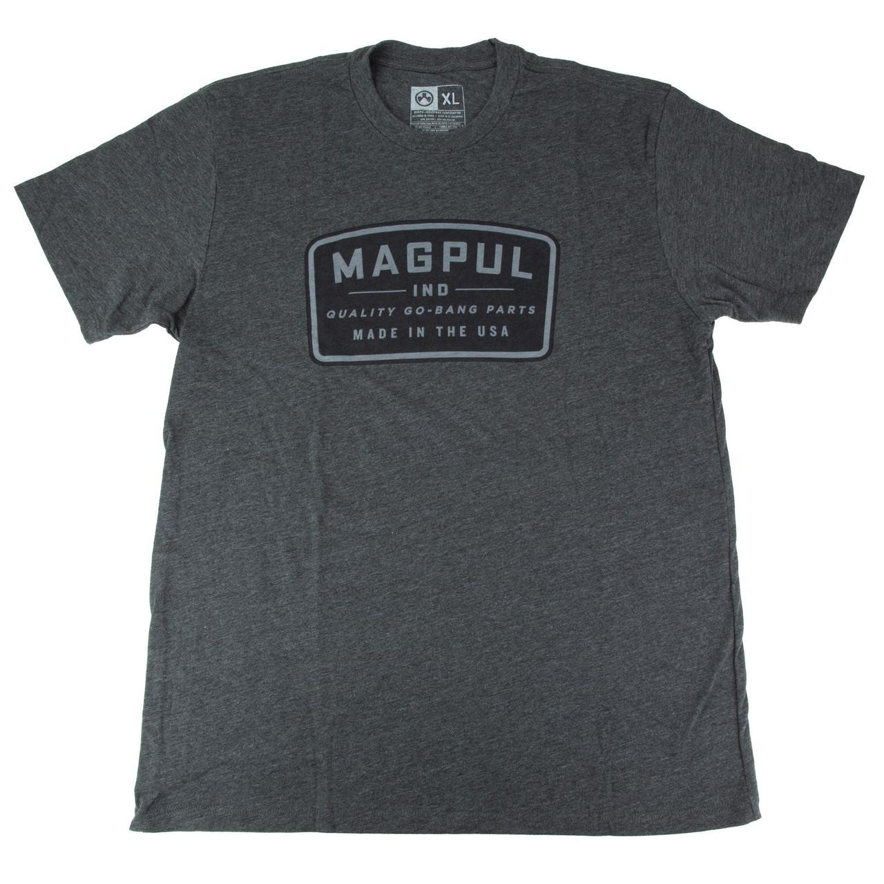 Magpul Industries MAG1526-010-XL Classic Fit Cotton-Poly Blend Tee, durable crew neck t-shirt for firearm enthusiasts, featuring the Magpul logo and branding in black and gray on a charcoal gray fabric.