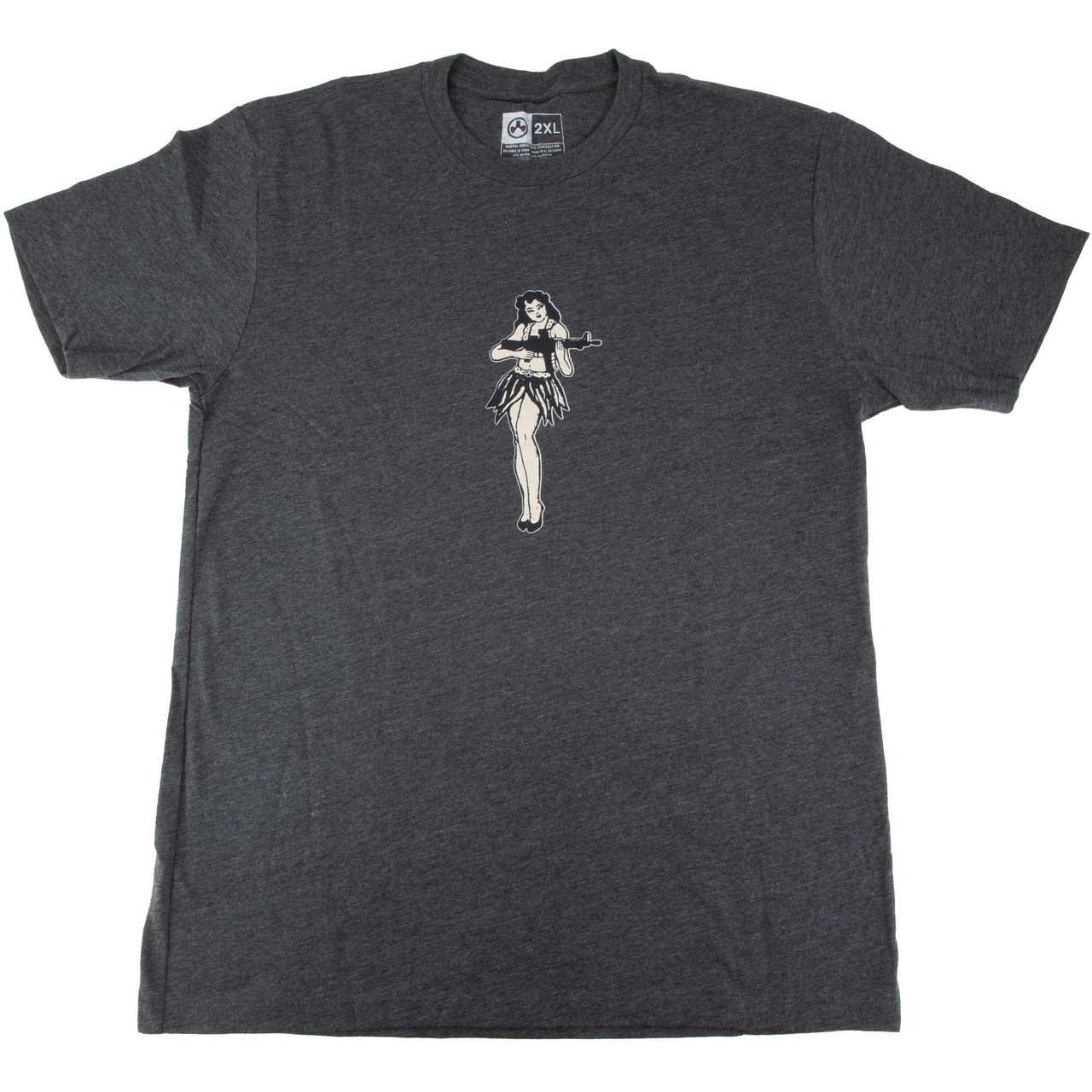Magpul Industries Hula Girl Tee - 2XL Cotton-Poly Blend T-Shirt with Iconic Design, gray color, featuring a black and white hula girl holding a rifle graphic on the front.