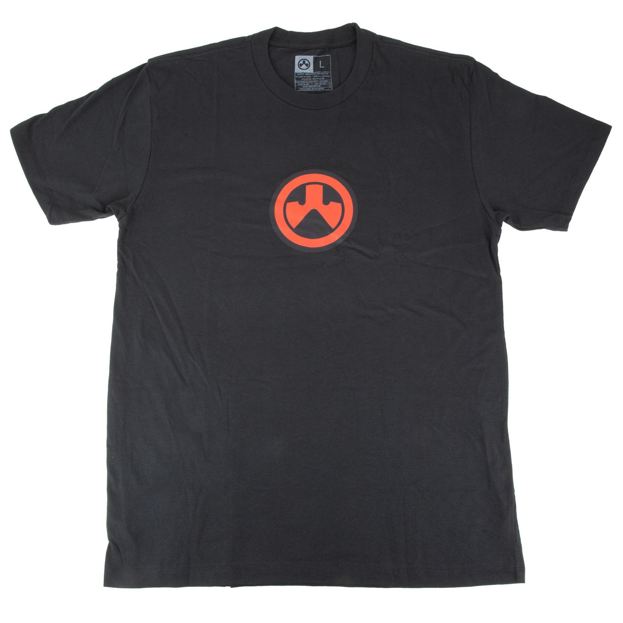 Magpul Industries MAG1115-001-L Men's Athletic Fit Cotton-Poly Blend T-Shirt - Durable & Stylish Crew Neck Tee, black t-shirt with red circular logo on front.