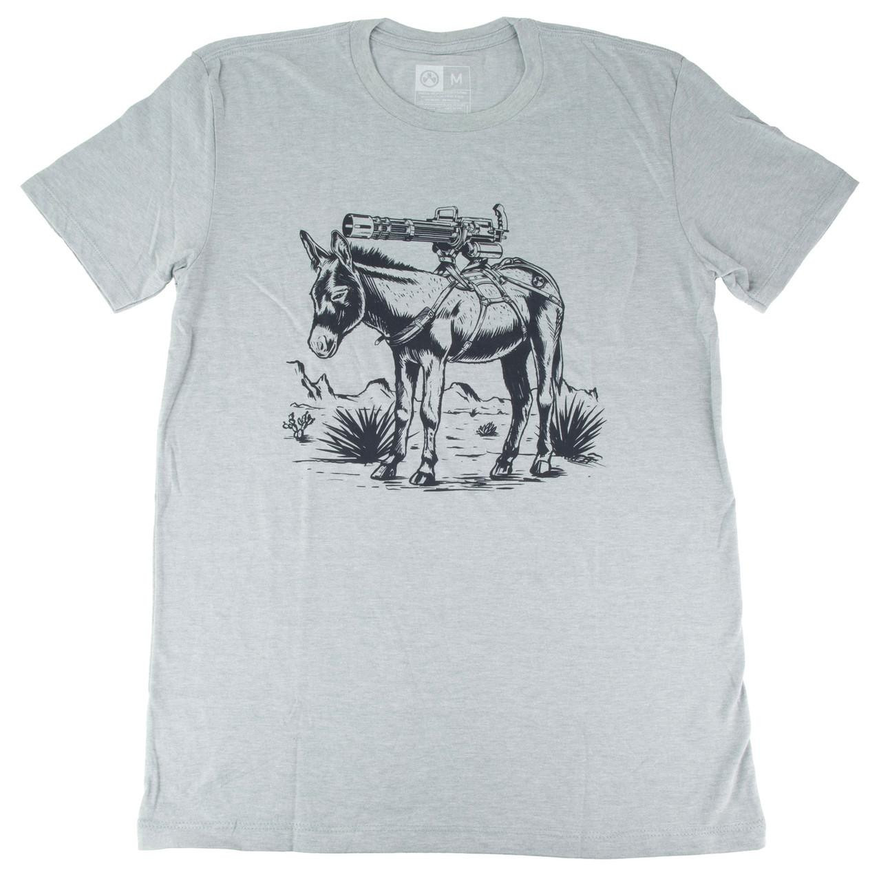 Magpul Industries MAG1528-041-M Crew Neck T-Shirt, a durable and comfortable blend of 60% cotton and 40% polyester with a graphic of a donkey carrying a rifle on its back.