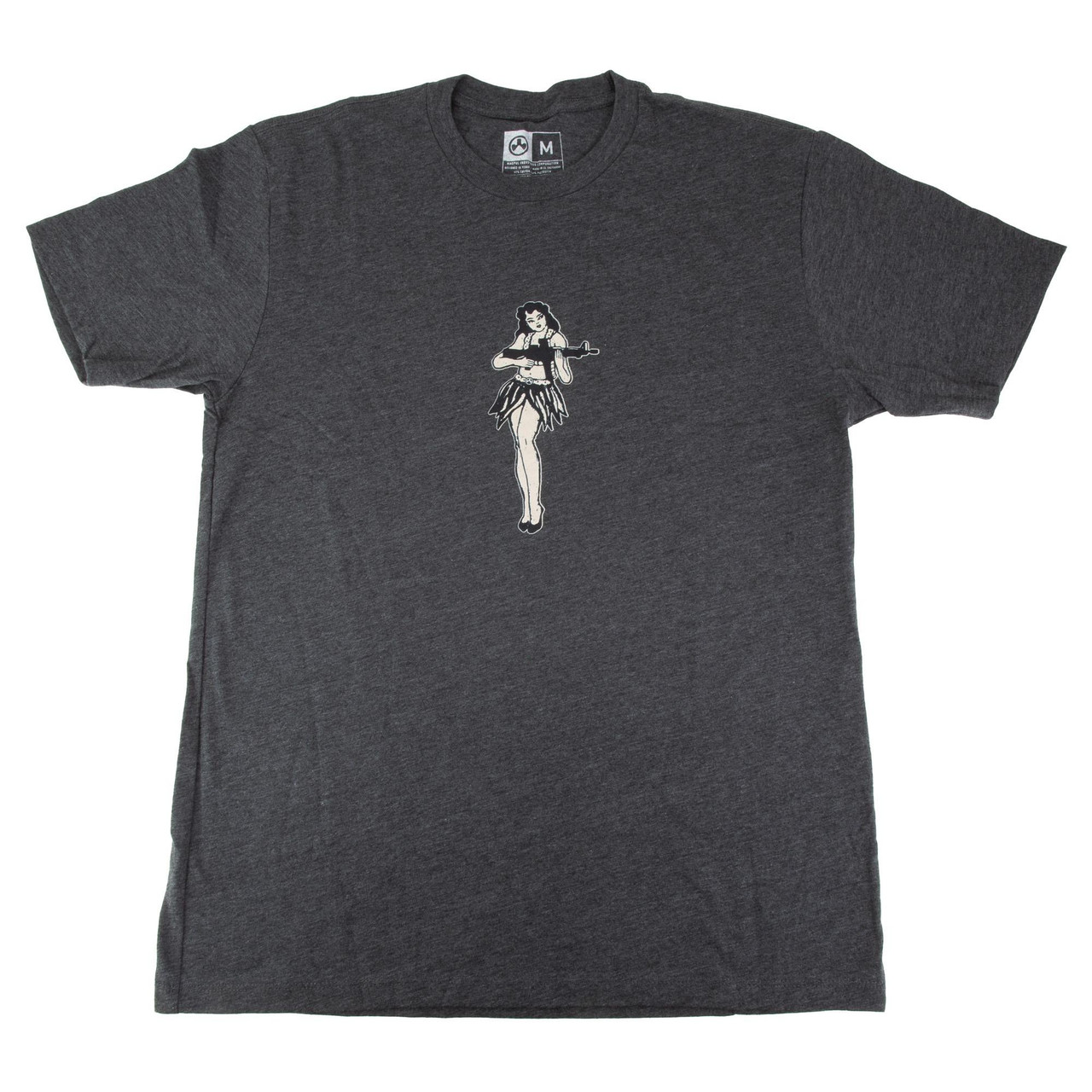 Magpul Industries Hula Girl Athletic Fit Tee - Iconic 60% Cotton/40% Polyester Crew Neck Shirt, Durable Double-Needle Stitching, Made in USA, featuring a graphic of a hula girl holding a rifle on a dark grey fabric.