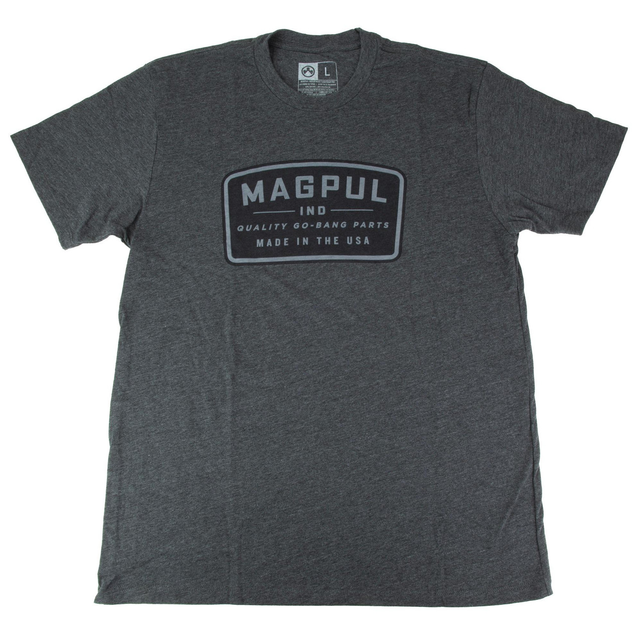 Magpul Industries MAG1526-010-L Classic Athletic Fit T-Shirt, premium cotton-poly blend tee for firearms enthusiasts, featuring a logo with text in black on dark gray fabric.
