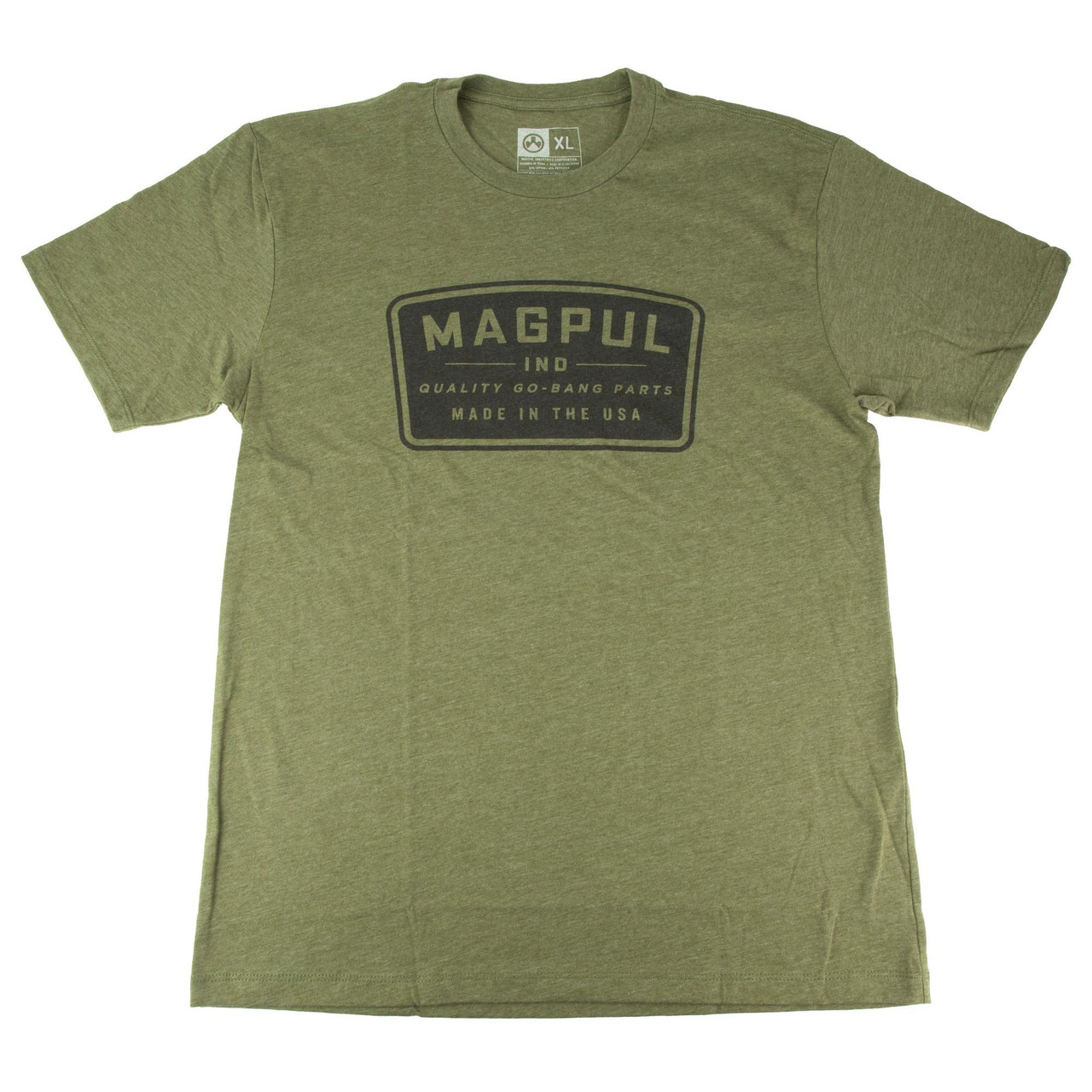 Magpul Industries MAG1526-316-XL Classic Athletic Fit T-Shirt - Durable Cotton-Poly Blend Tee for Firearm Enthusiasts, front view of olive green T-shirt with black logo and text design.