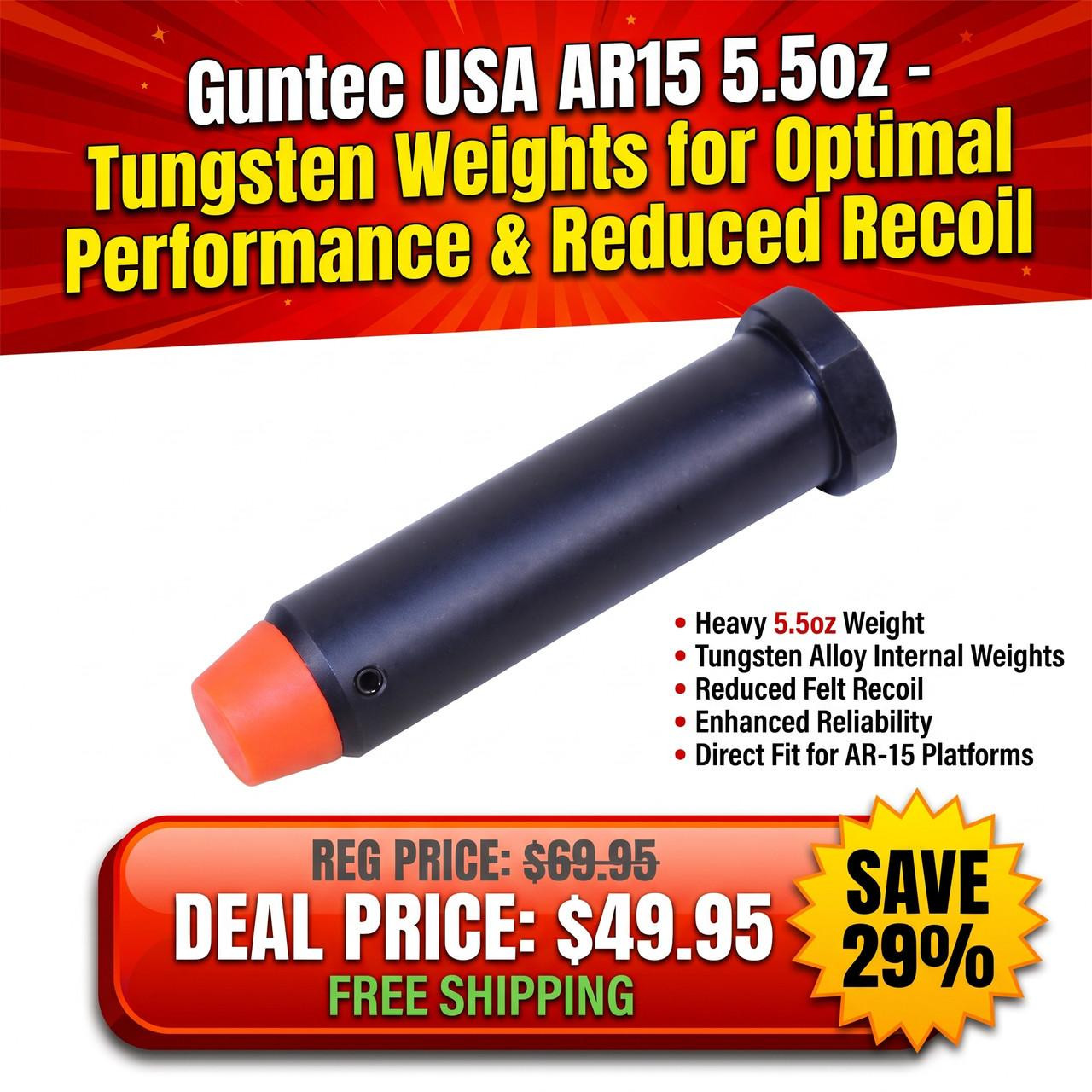 Guntec USA AR15 5.5oz Tungsten Buffer Weights, black cylindrical gun buffer with orange tip for optimal performance and reduced recoil.