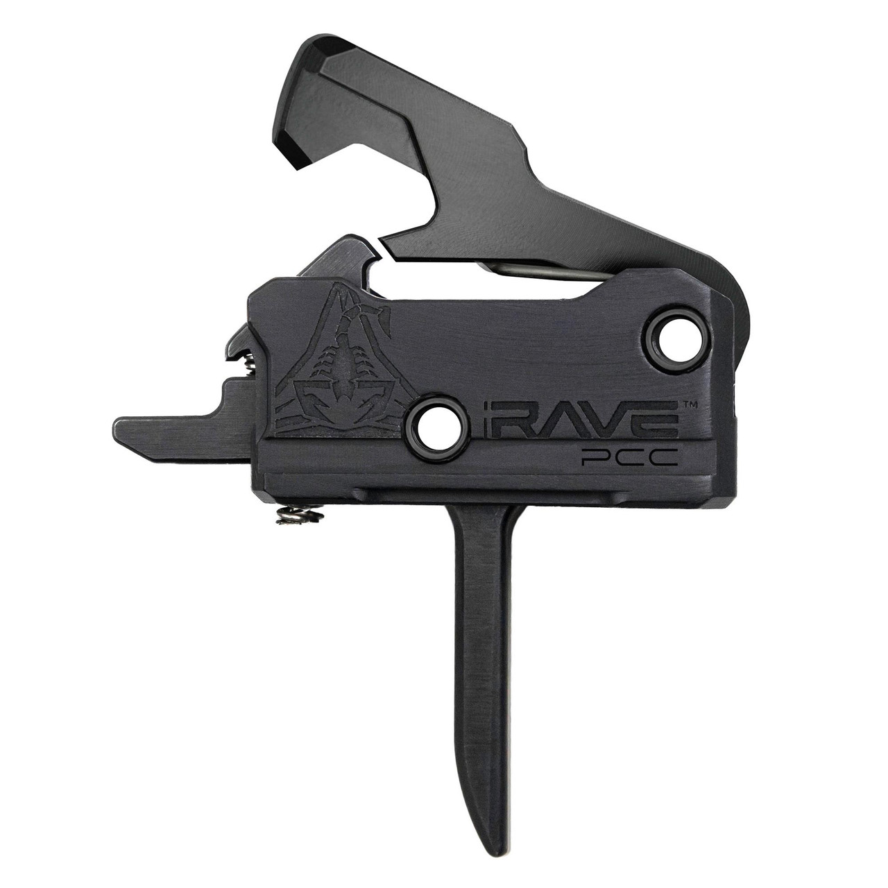 Rise Armament T017F-PCC-BLK - High-Performance Black PCC Firearm for Precision Shooting, close-up of the tactical firearm release latch with detailed engravings and sleek black finish.
