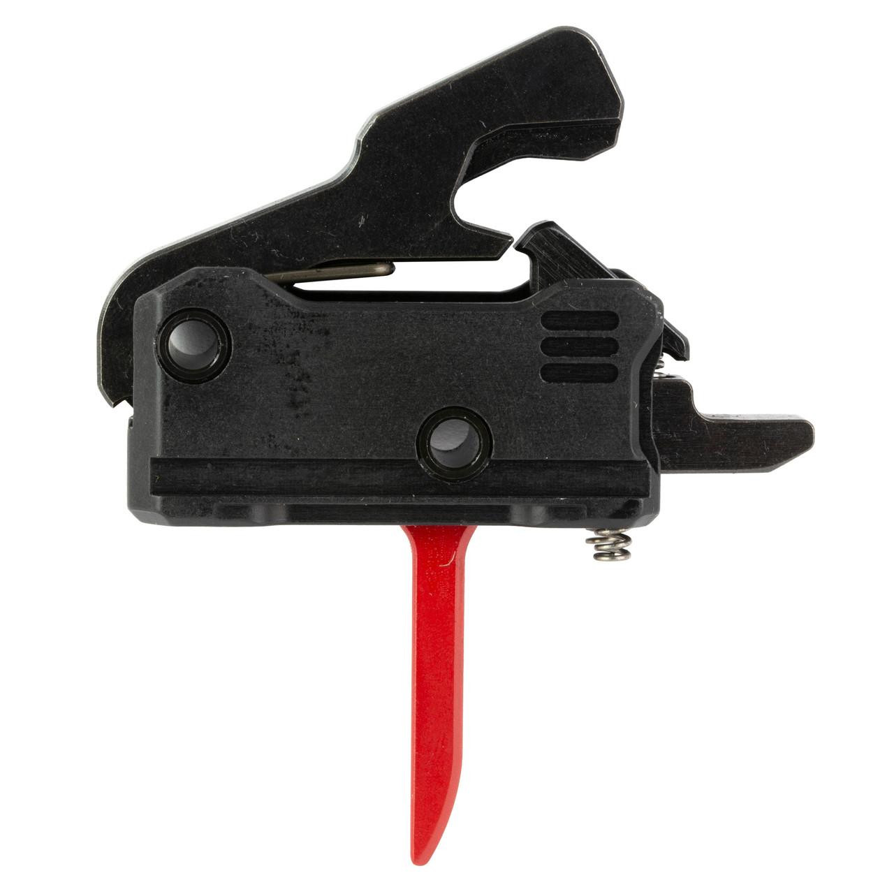 Rise Armament T017F-RED RAVE Trigger - High-Performance Red Precision Trigger System, close-up view of black firearm trigger with red trigger pull.