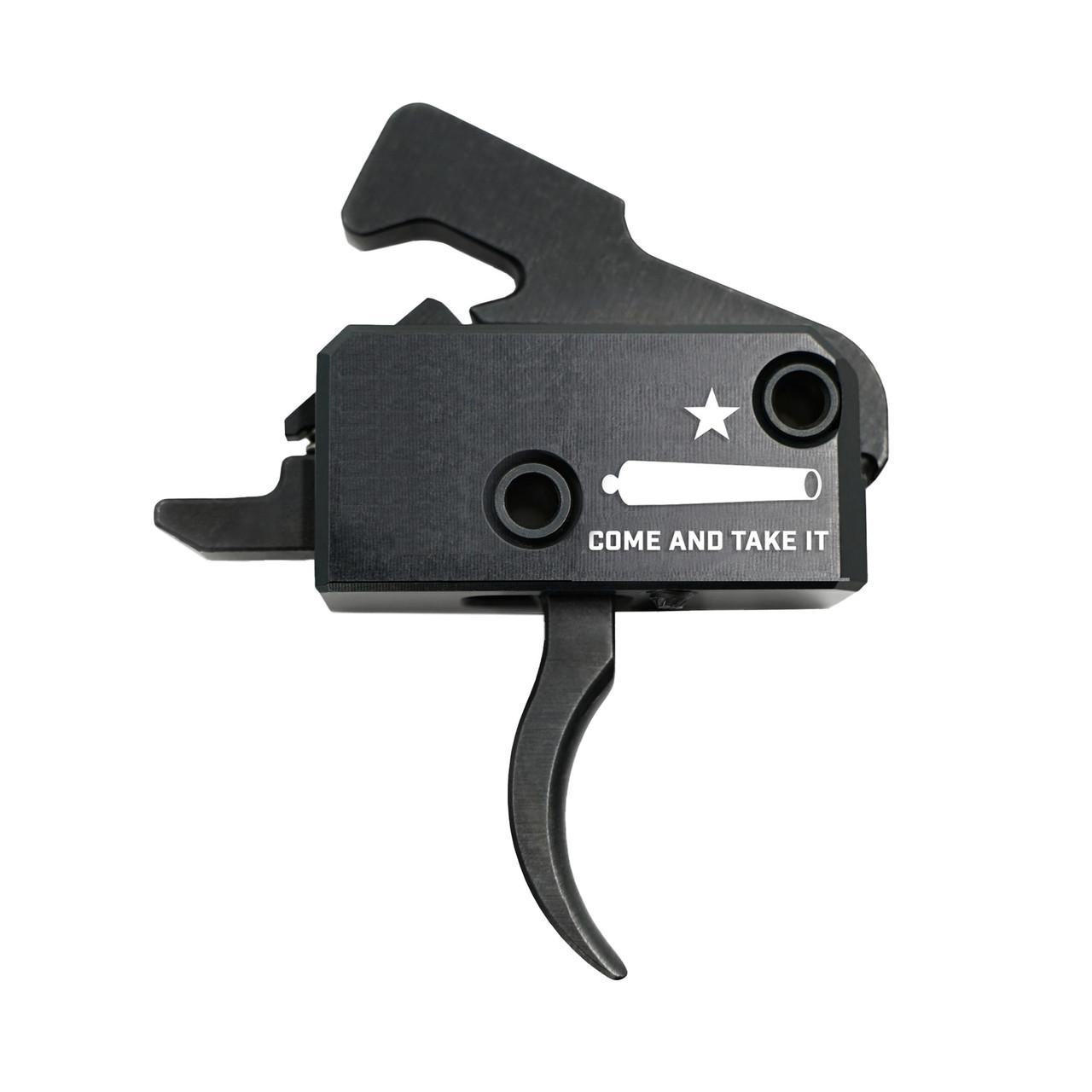 Rise Armament RA-140-CTI Super Sporting Trigger – Precision Black Trigger with ‘Come And Take It’ Logo, close-up of the black firearm trigger featuring the logo and slogan.