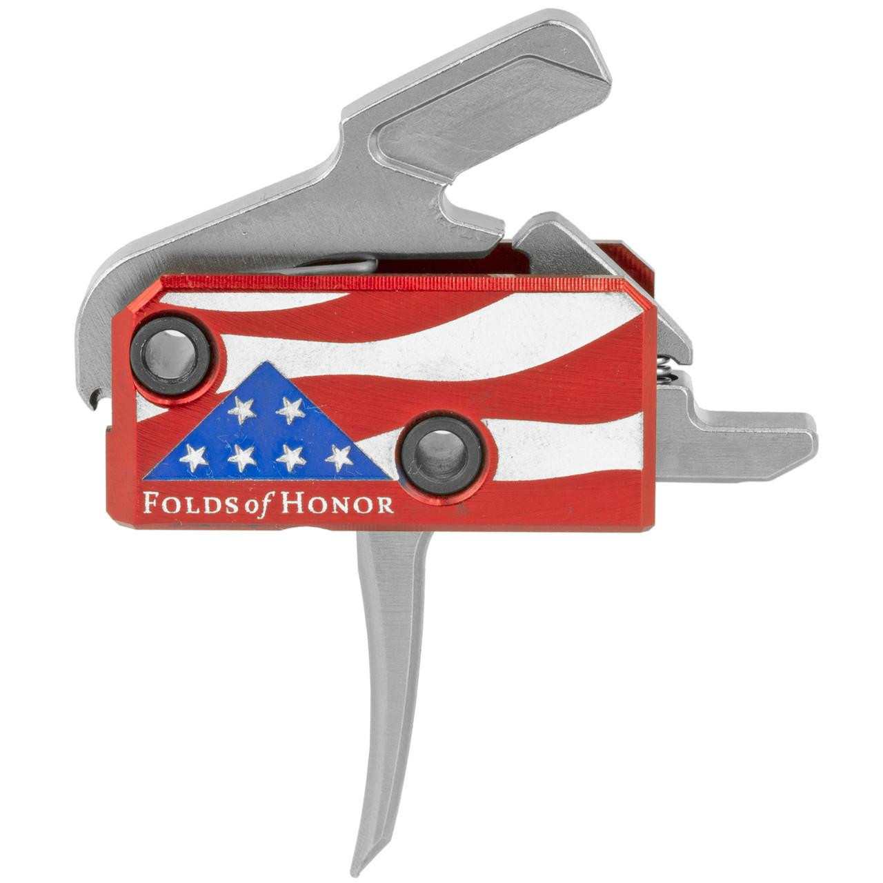 Rise Armament Patriot Trigger RA-13FOLDS-PT, a high-performance rifle upgrade featuring an American flag design and the text 'Folds of Honor' for accuracy and veteran support.
