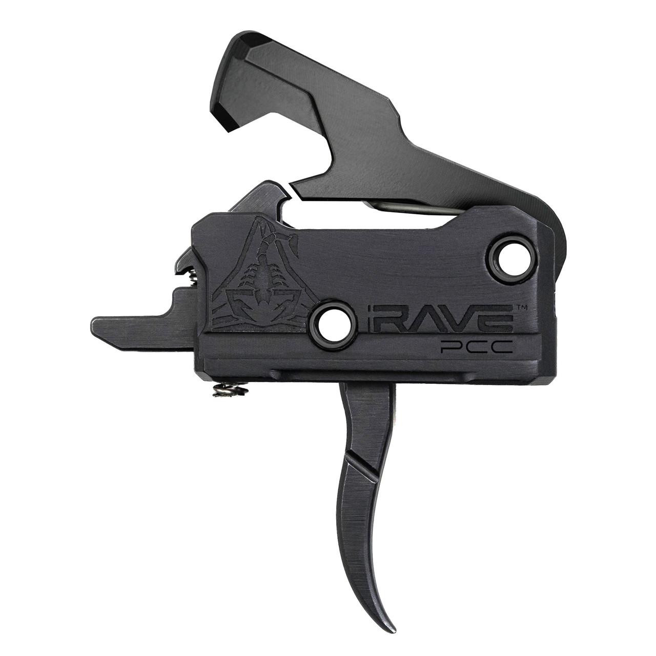 Rise Armament T017-PCC-BLK RAVE-PCC Trigger with Nitride Finish - Black, includes anti-walk pins, shown in close-up view highlighting its black finish and design features.